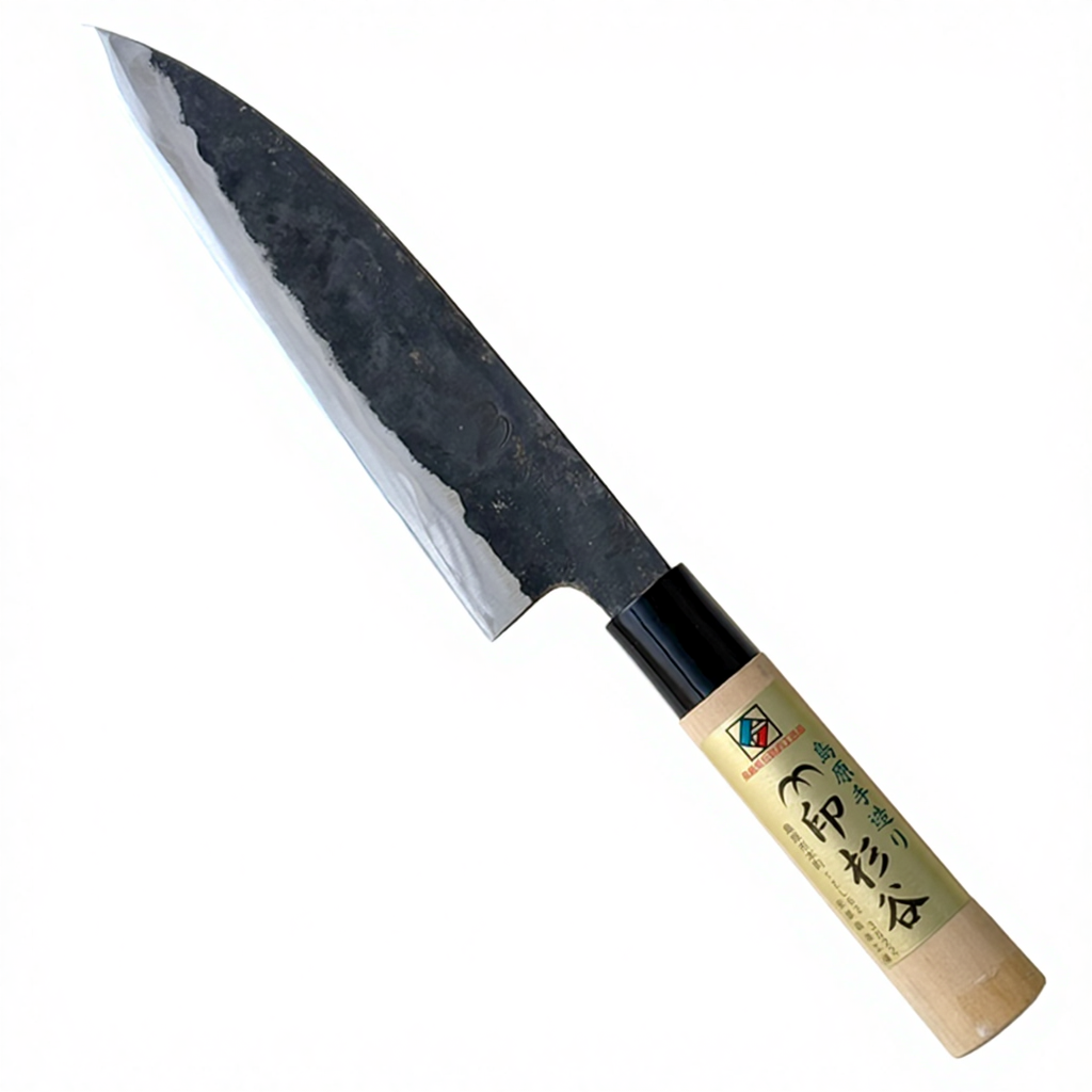 Hand-forged Japanese gyuto knife in Shirogami white steel with a wood handle